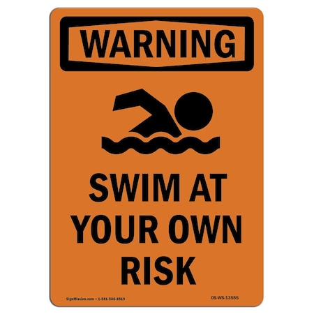 OSHA WARNING Sign, Swim At Your Own Risk W/ Symbol, 5in X 3.5in Decal, 10PK